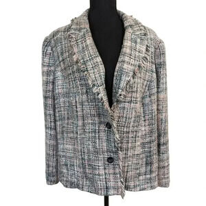 Tara Jones Tweed Blazer Fringe Edges Pink Gray White Black Plaid 18